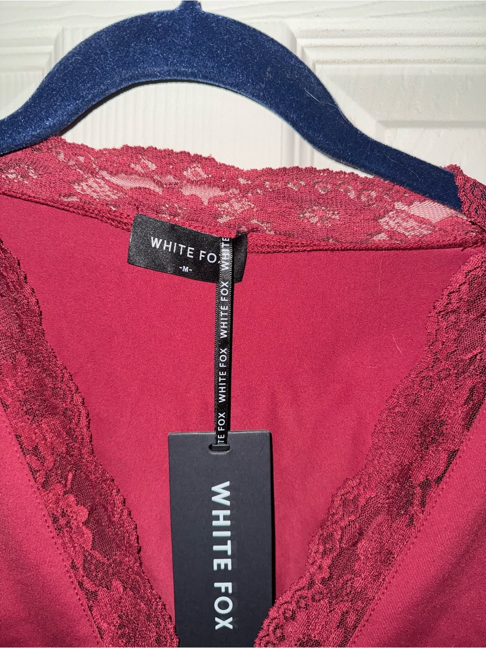 White Fox Boutique Lace-Trim V-Neck Long Sleeve Top - Wine - Picture 2 of 4
